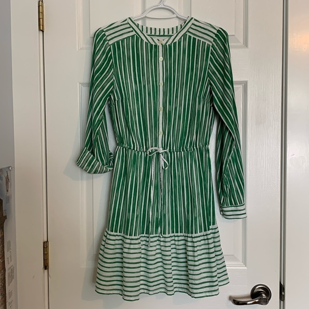 Loft Striped Tab Sleeve Button Flounce Dress Green Women’s Size Extra Small Fun